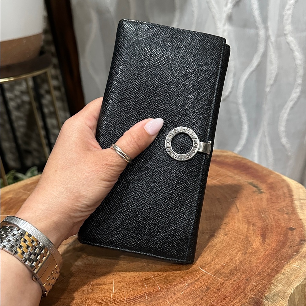 Bulgari Black Leather Long Wallet Blue Interior w unbranded chain for crossbody